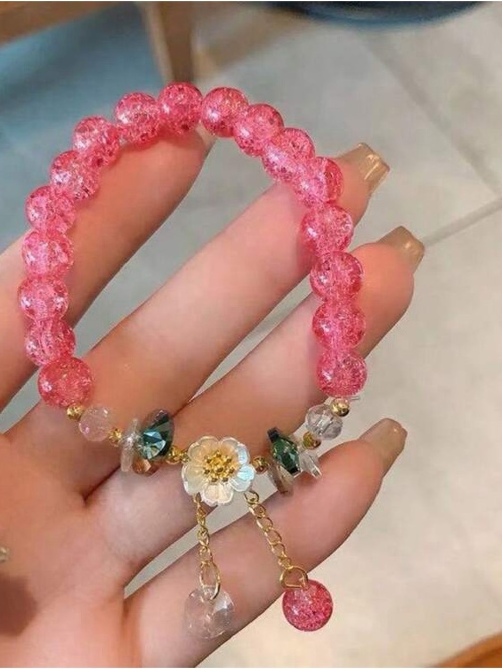 Pink Crackle Glass Beaded Stretch Bracelet